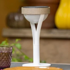 Les Jardins Tyble LED-solcellebordlampe, hvit/teak, 2700 K, 200 lm| Solcellelamper