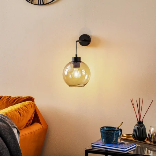 TK Lighting Vegglampe Cubus, svart/røykgrå, glass, 30 cm høy, E27 Clearance