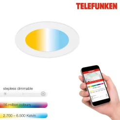 Telefunken Virgo innfelt LED-lampe, RGBW, hvit, Ø 12 cm| Smarthus Belysning